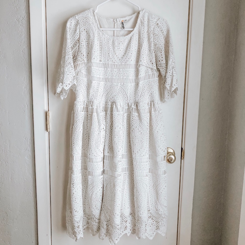 3/4 Sleeve ivory crochet midi dress